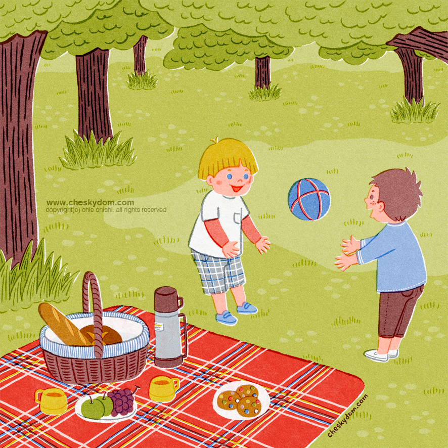森の中でピクニック中、ボールで遊んでいる男の子ふたり