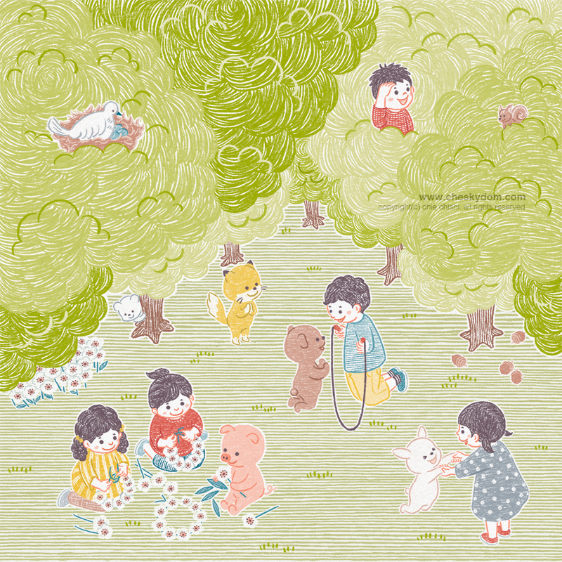 森の中で遊ぶ子供と動物たち