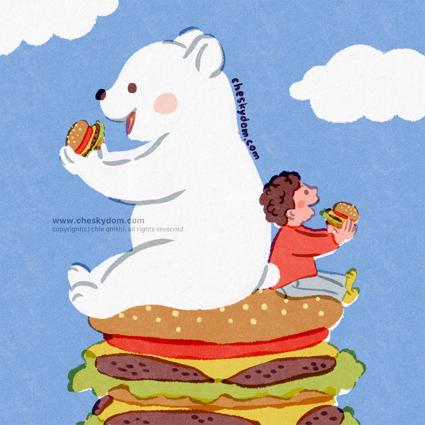 大きいシロクマと男の子が背中合わせで大きいハンバーガーの上に座りながらハンバーガーを食べているイラスト