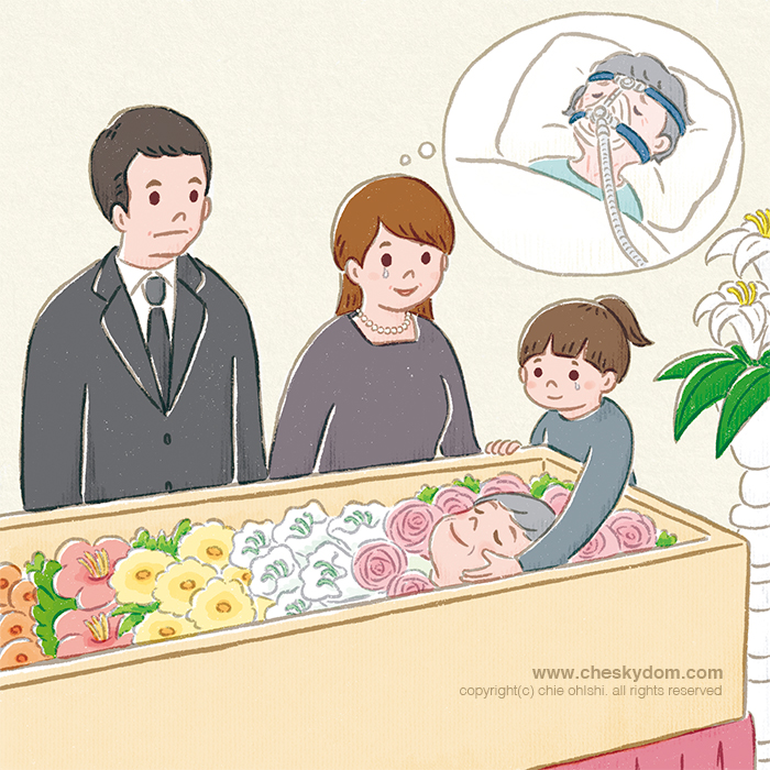 棺に入った故人を偲ぶ家族のイラスト