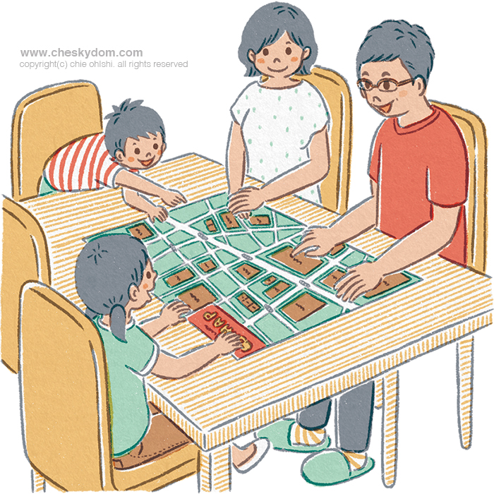 ハザードマップを見ながら話し合う家族のイラスト