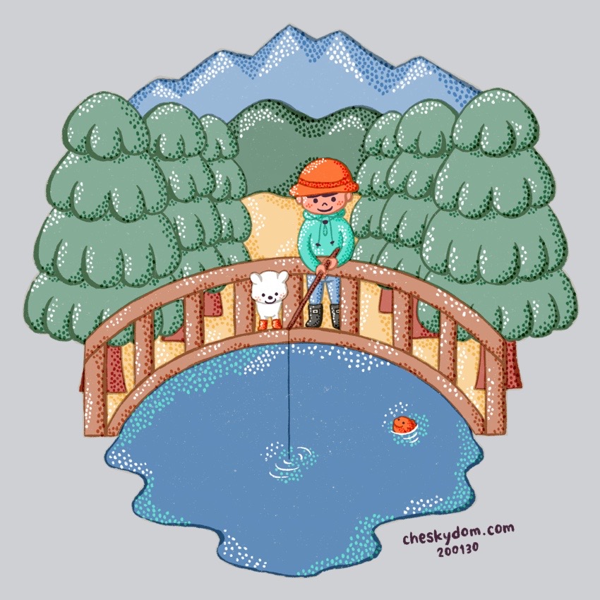 橋の上から釣りをする男の子とクマのイラスト
