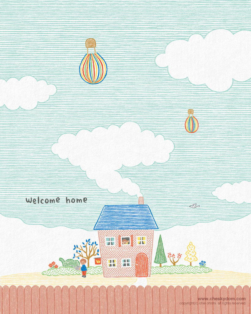 色鉛筆タッチで描いた家と子供、庭、空に気球のイラスト