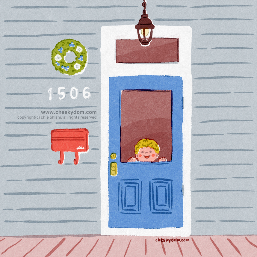 きれいな青いドアの向こうで誰かが来るのを待っている男の子のイラスト