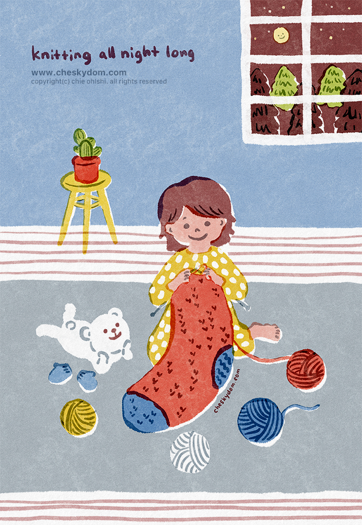 夜通し大きな靴下を編んでいる女の子を見守っているシロクマの子供のイラスト