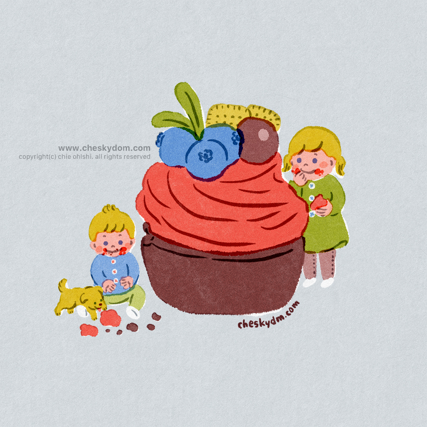 大きなおしゃれなカップケーキの横で、口の周りを汚しながらつまみ食いしている女の子と男の子、子犬のイラスト