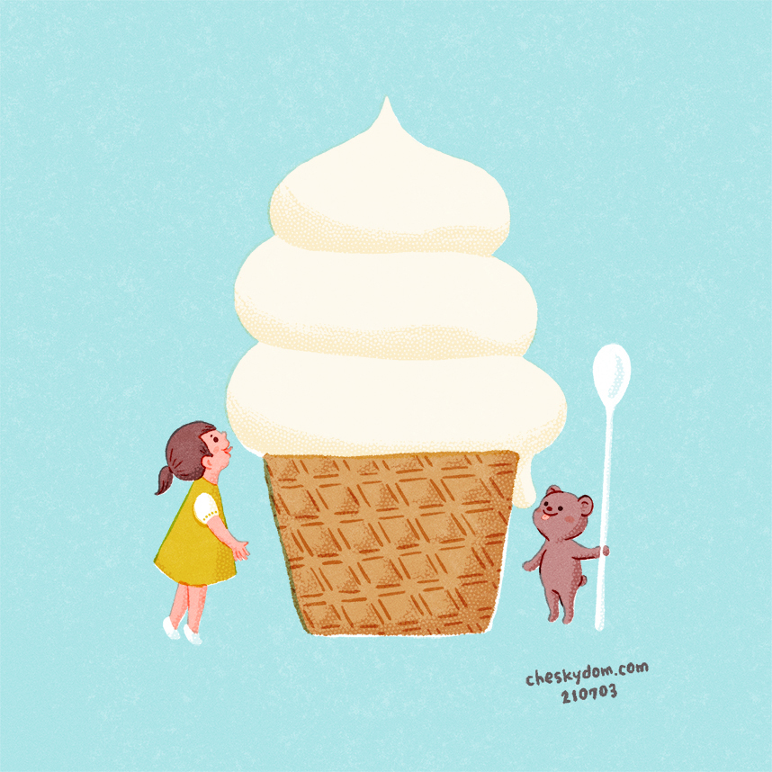 ソフトクリームと女の子とクマのイラスト