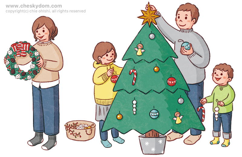 クリスマスの飾り付けをする家族のイラスト