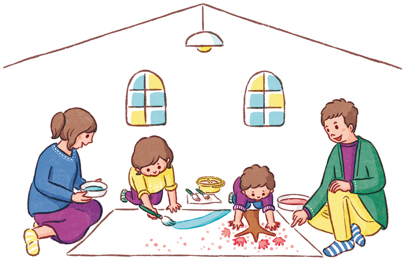 おうちで絵を描く家族のイラスト