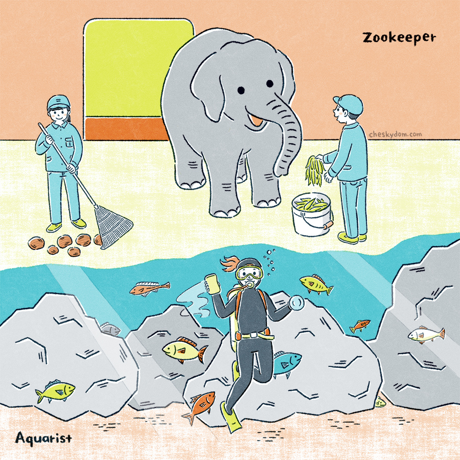 動物園の飼育員と水族館の飼育員のイラスト