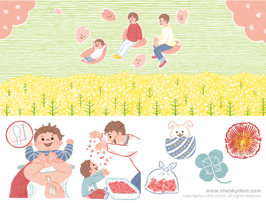 桜の花びらに乗って舞う親子と菜の花のイラスト