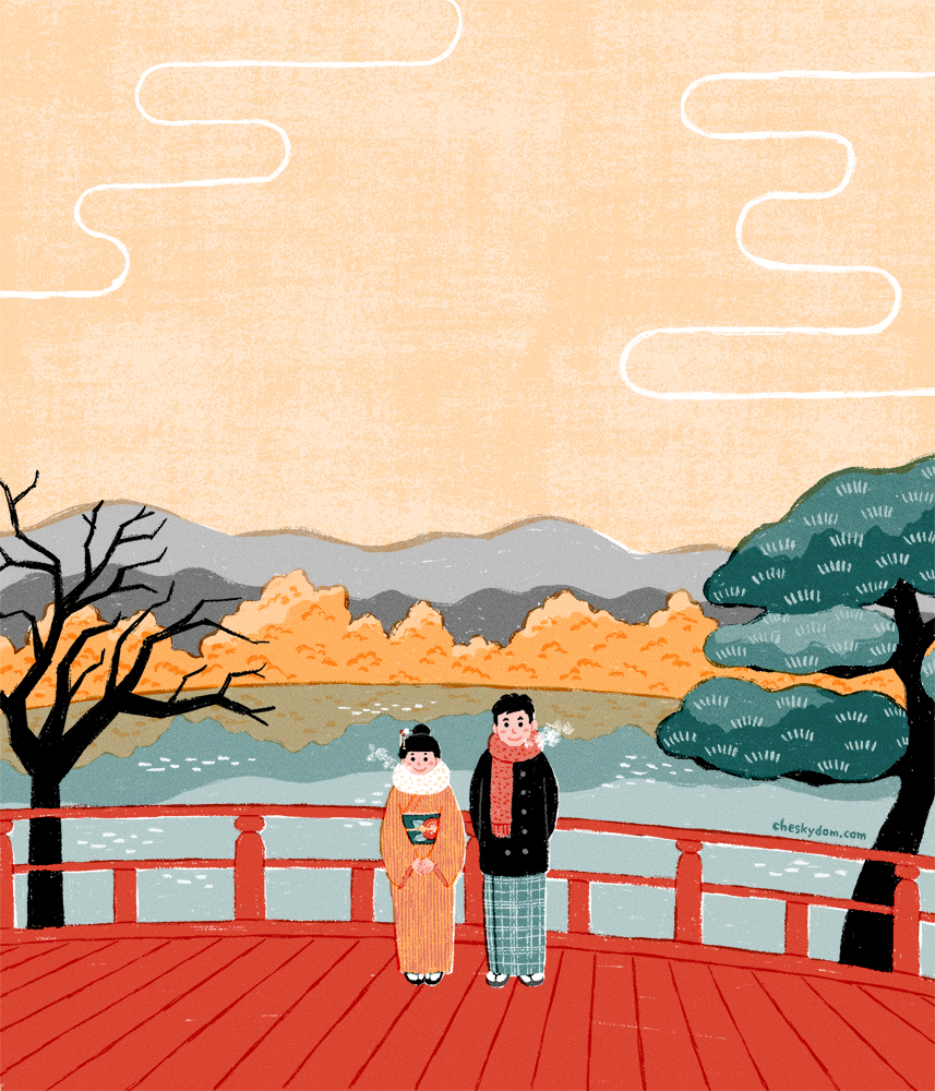 装画イメージ。人物、日本、庭園、松、池、山、橋。