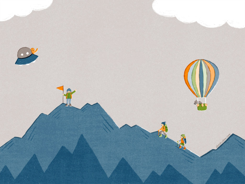 山登りをしている人達をUFOに乗った宇宙人や気球に乗ったクマが見ているイラスト