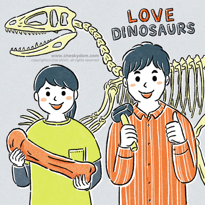 恐竜が大好きな研究者たちと恐竜の化石のイラスト