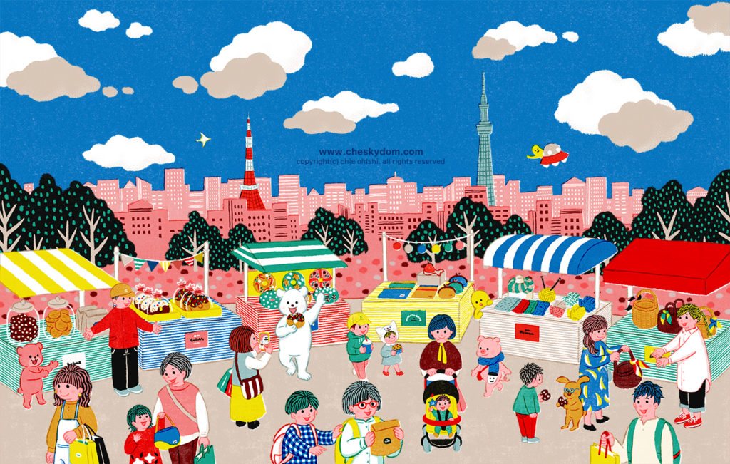 東京ハンドメイドマルシェのメインビジュアル。東京の風景をバックに、マルシェを楽しむ人々のイラスト