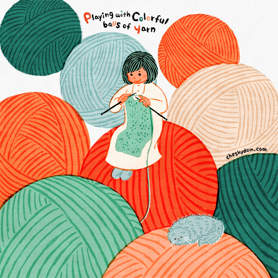 毛糸玉の上で編み物をする女の子と猫のイラスト