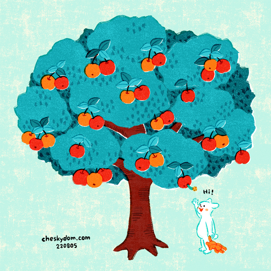 リンゴの木と白い子のイラスト