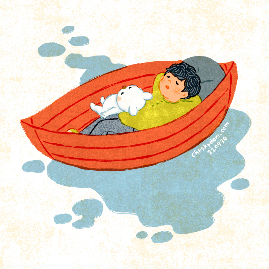 ボートの上で昼寝する男の子と白い子