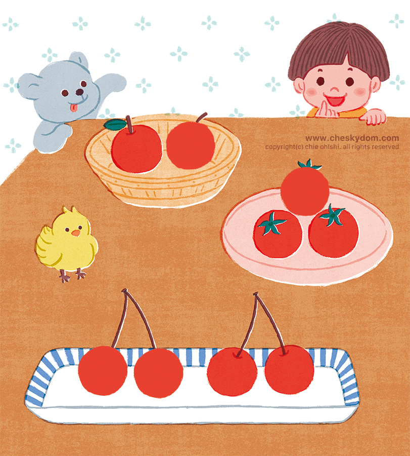 テーブルの上のフルーツを見ている子どものイラスト