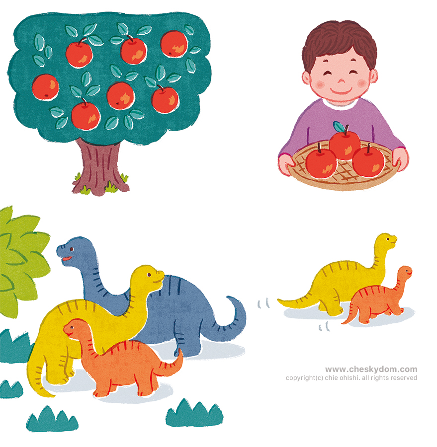 りんごの木と男の子のイラスト　恐竜のイラスト