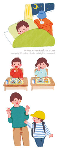 寝ている子どものイラスト 給食を食べている子供のイラスト 登校を見送る母親のイラスト