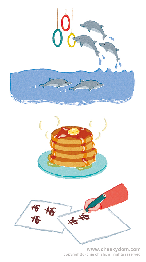イルカ、ホットケーキのイラスト。　ワークブック