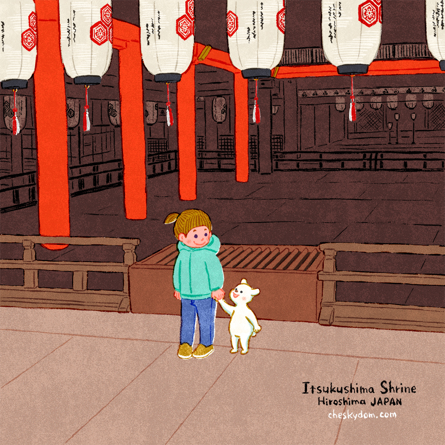 厳島神社にいる子供とキャラクターのイラスト