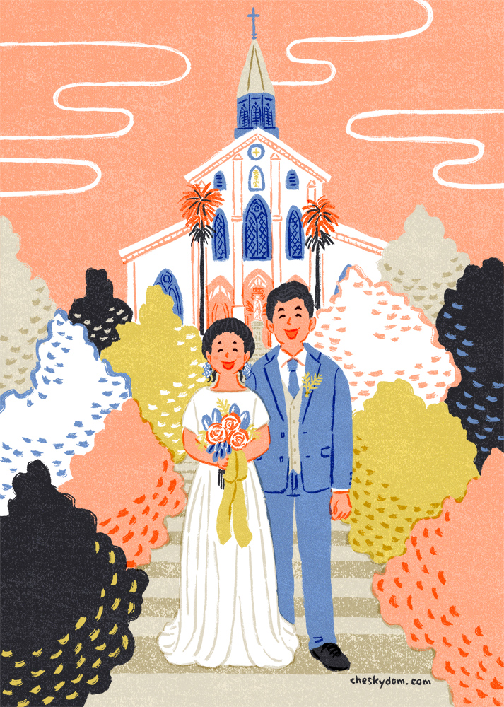 教会での結婚式のイラスト 長崎 大浦天主堂