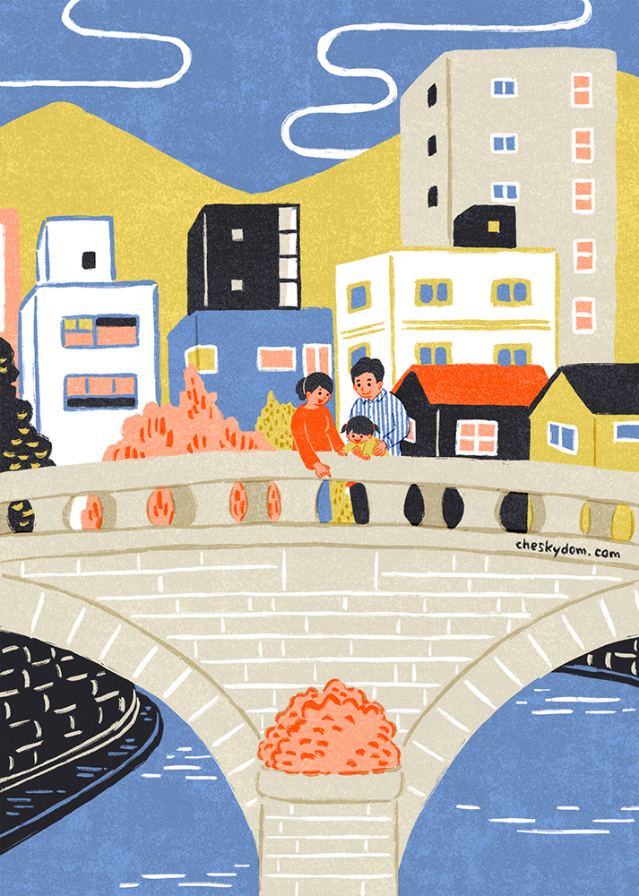 眼鏡橋の上の家族のイラスト 長崎 川