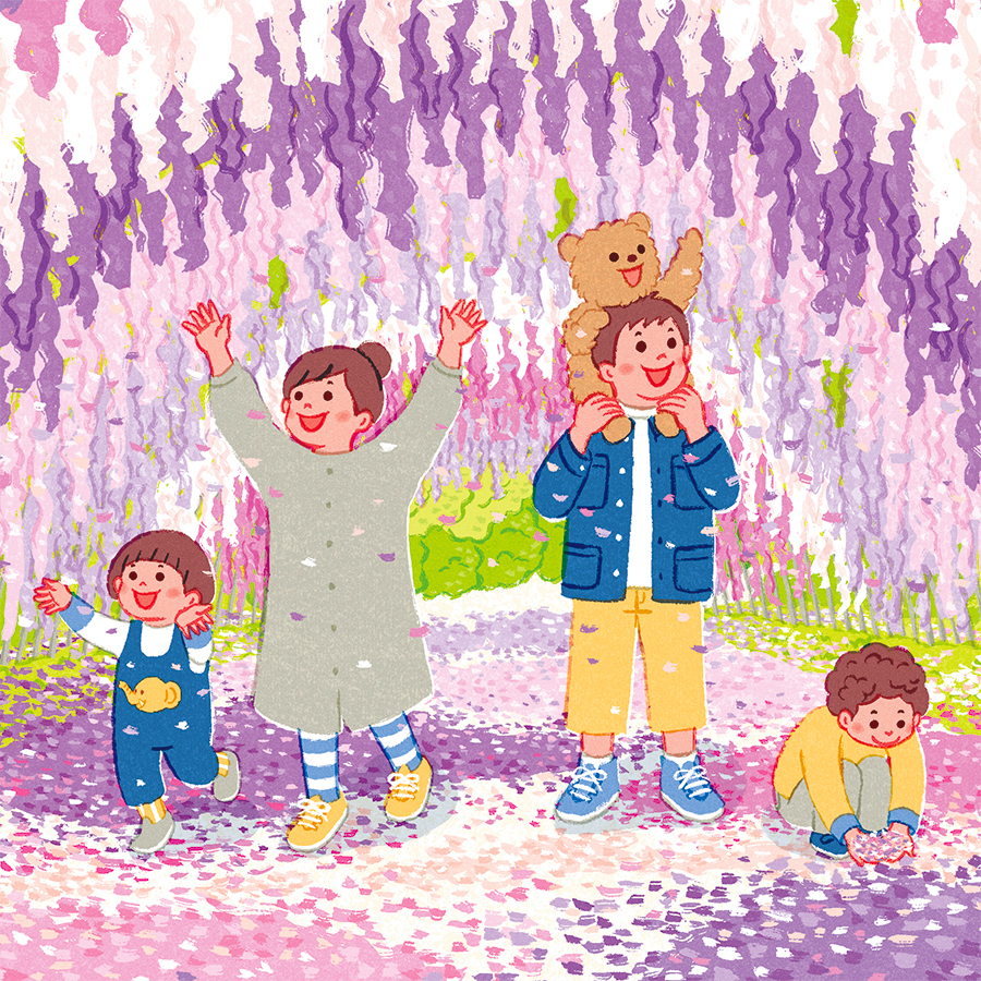 藤棚に咲き誇る藤の花の下にいる子供たちのイラスト