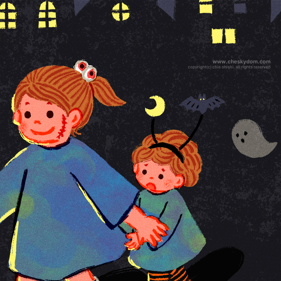 ハロウィンの夜にジャック・オー・ランタンを手に歩く子供達とそのうしろをついていく小さいおばけのイラスト