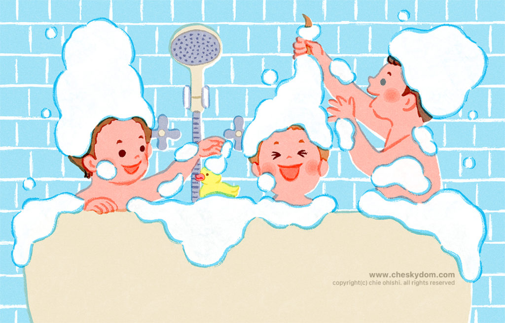 お風呂で泡を頭に載せて遊ぶ子供達のイラスト