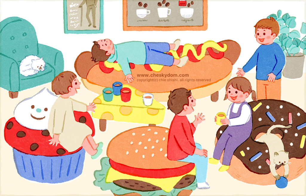 大きいドーナツやハンバーガーのイスに座っておしゃべりする子供達のイラスト 花王