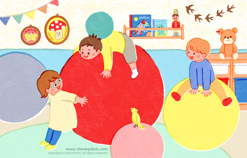 子供部屋で、大きなボールに乗って遊ぶ子供達のイラスト