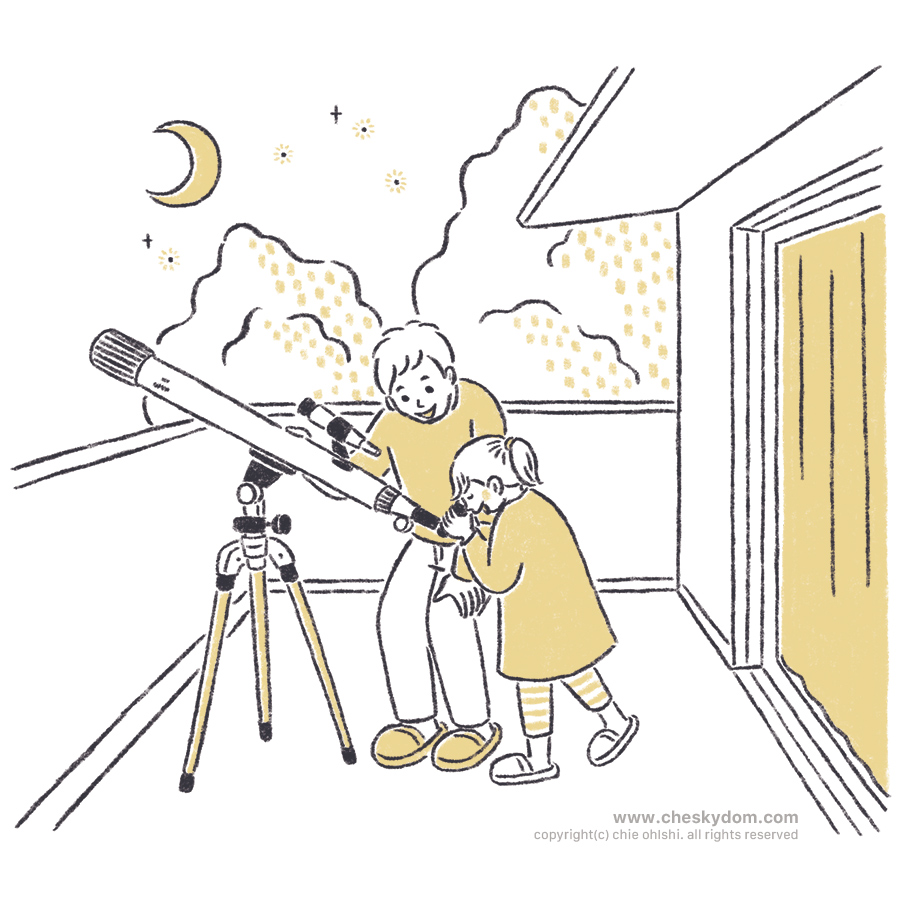 イラスト 親子 望遠鏡 星空観察