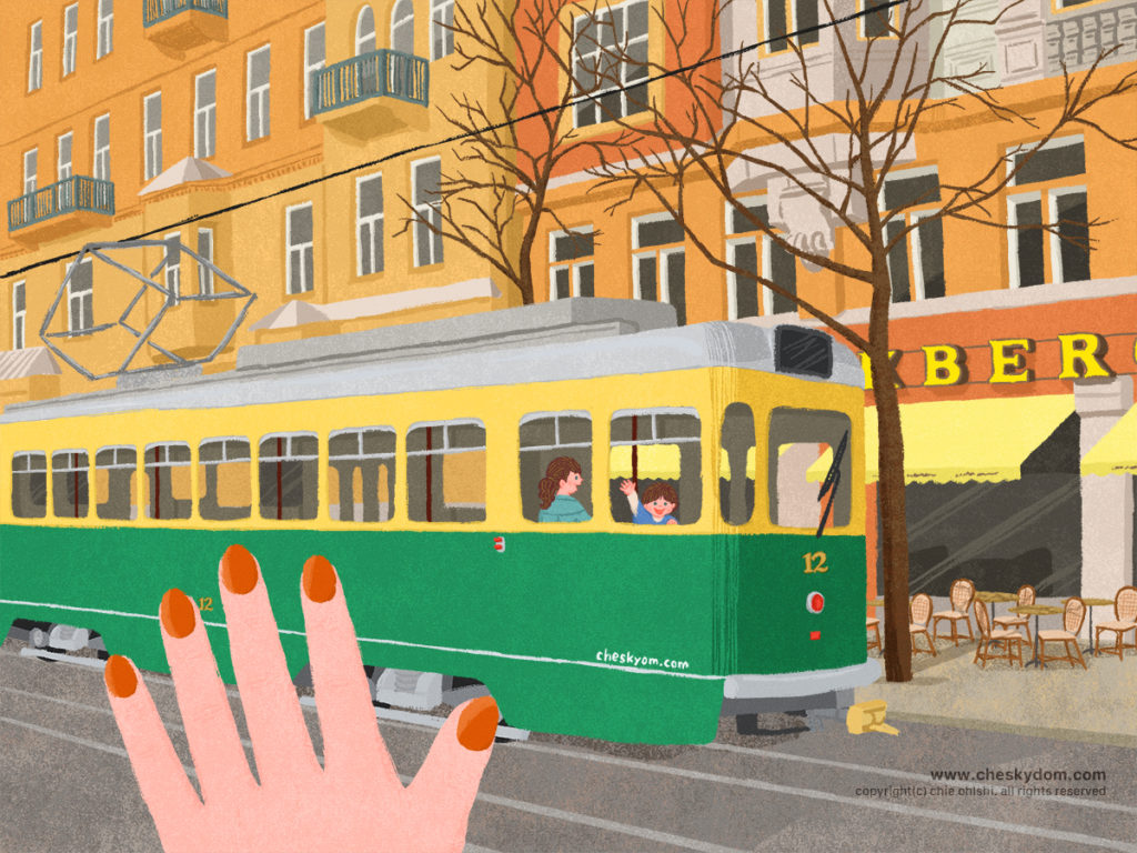 イラスト 風景 景色 乗り物 電車 トラム フィンランド ヘルシンキ 子供 建物