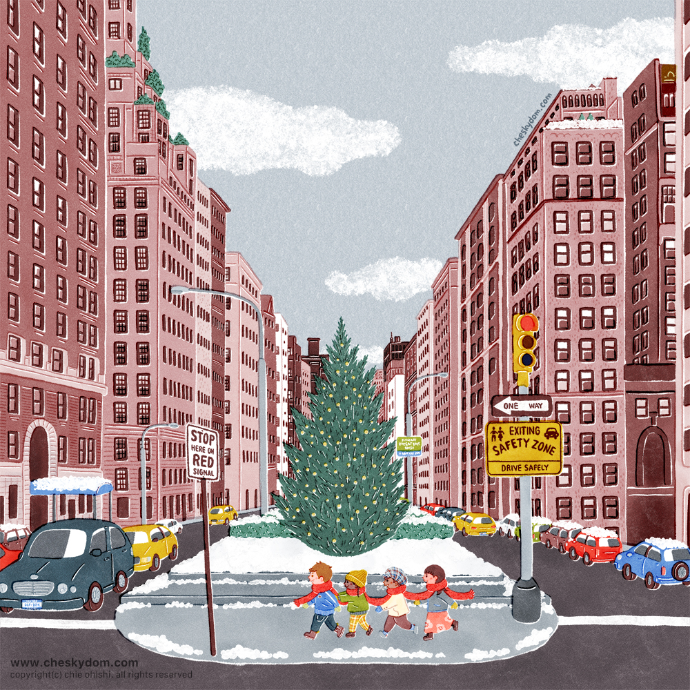 イラスト 冬 子供 風景 街並み ビル ニューヨーク 外国 道路 クリスマス ツリー 雪