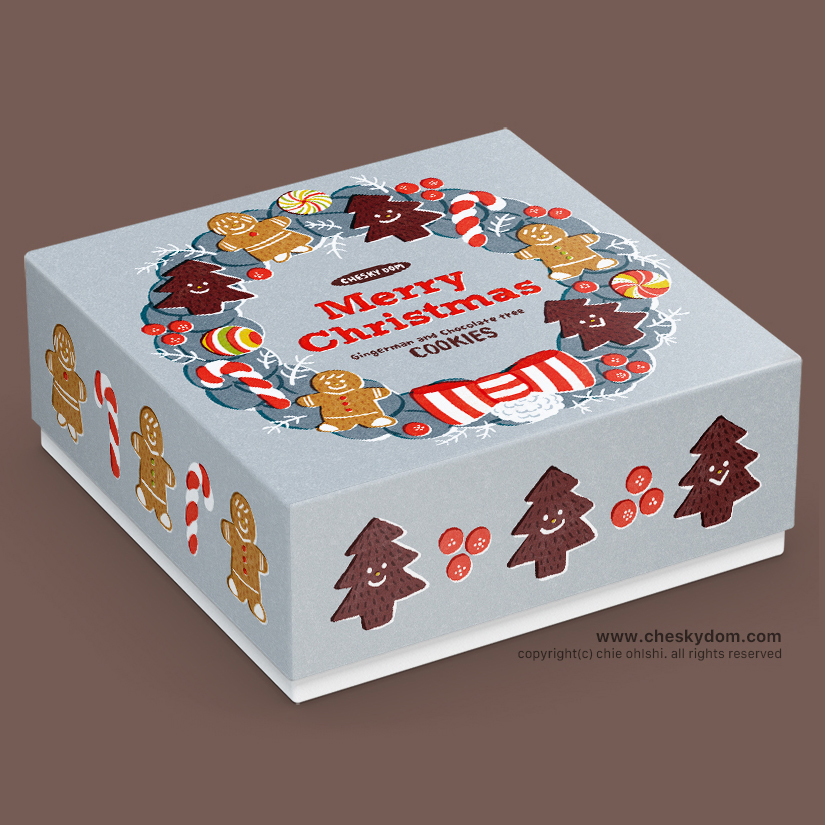 イラスト モックアップ クッキーボックス パッケージ デザイン クリスマス リース クッキー ジンジャーブレッドマン ツリー キャンディケーン オーナメント