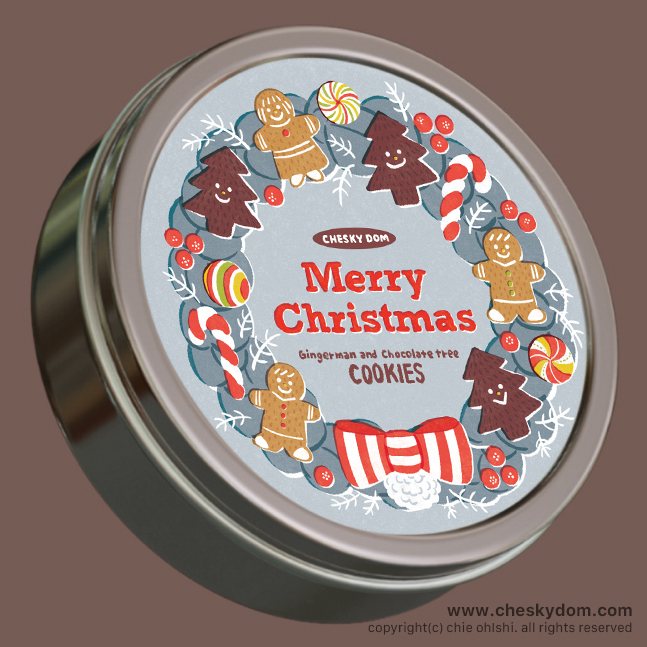 イラスト モックアップ クッキー缶 パッケージ デザイン クリスマス リース クッキー ジンジャーブレッドマン ツリー キャンディケーン オーナメント