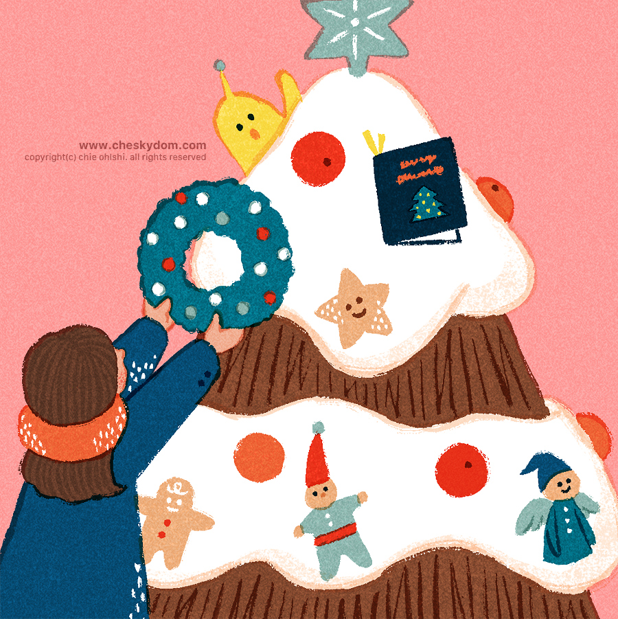 イラスト クリスマス ツリー 宇宙人 キャラクター オーナメント 飾りつけ ジャンジャーブレッドマン クッキー 星 リース 天使 ドワーフ