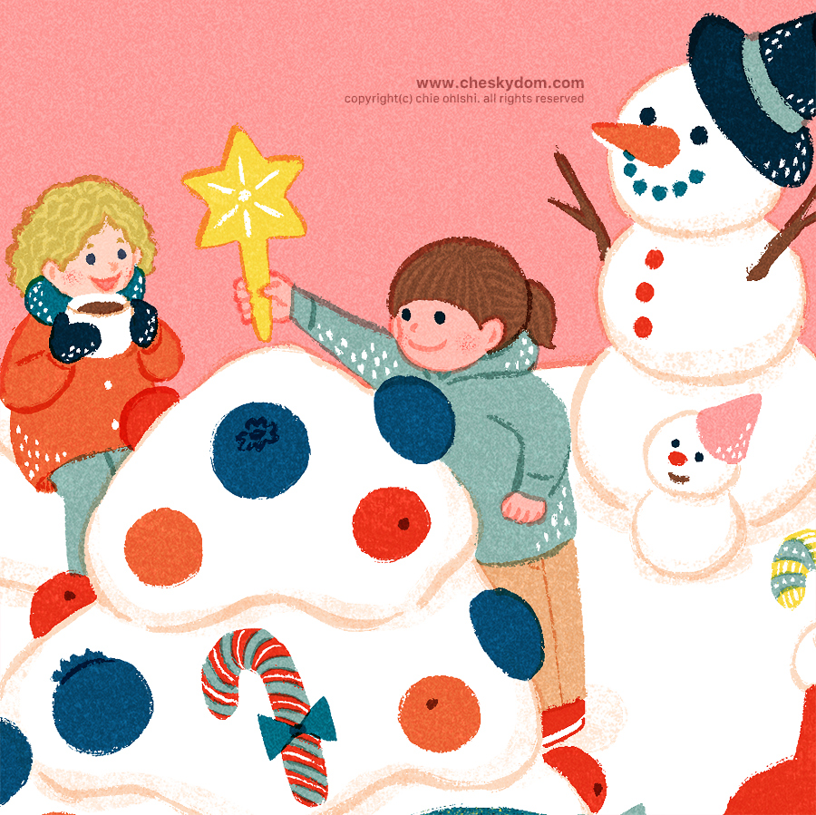 イラスト 子供 多国籍 クリスマス ツリー 飾りつけ フルーツ 雪だるま
