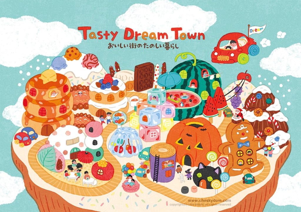 イラスト カレンダー 街 食べ物 スイーツ かわいい 楽しい 人々 子ども 季節