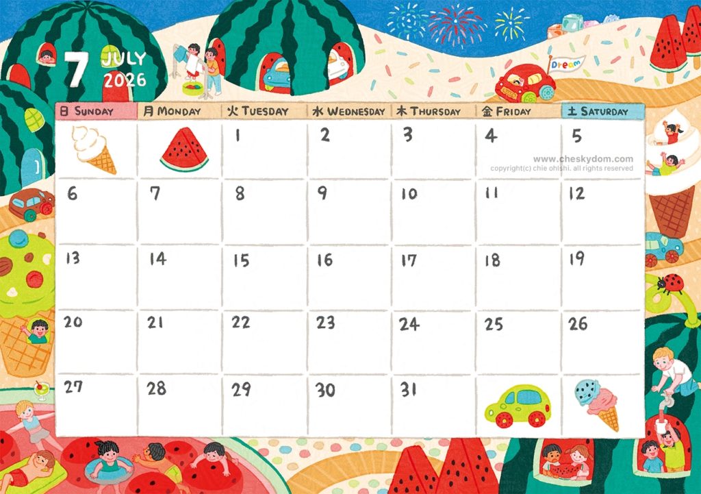 イラスト カレンダー 夏 季節 スイカ 街 人々 暮らし 子ども 食べ物