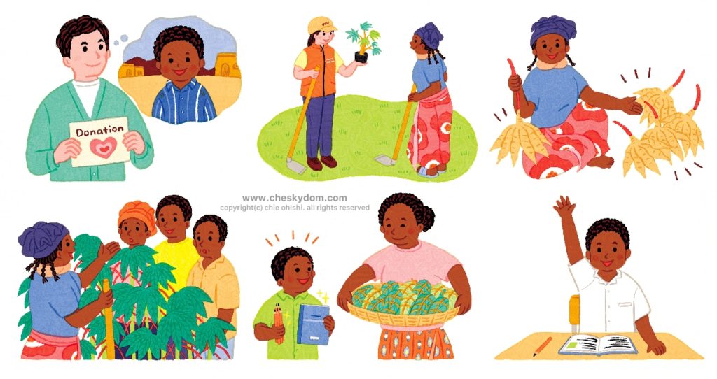 イラスト 人物 世界 アフリカ 支援 親子 作物 農業 勉強 学校