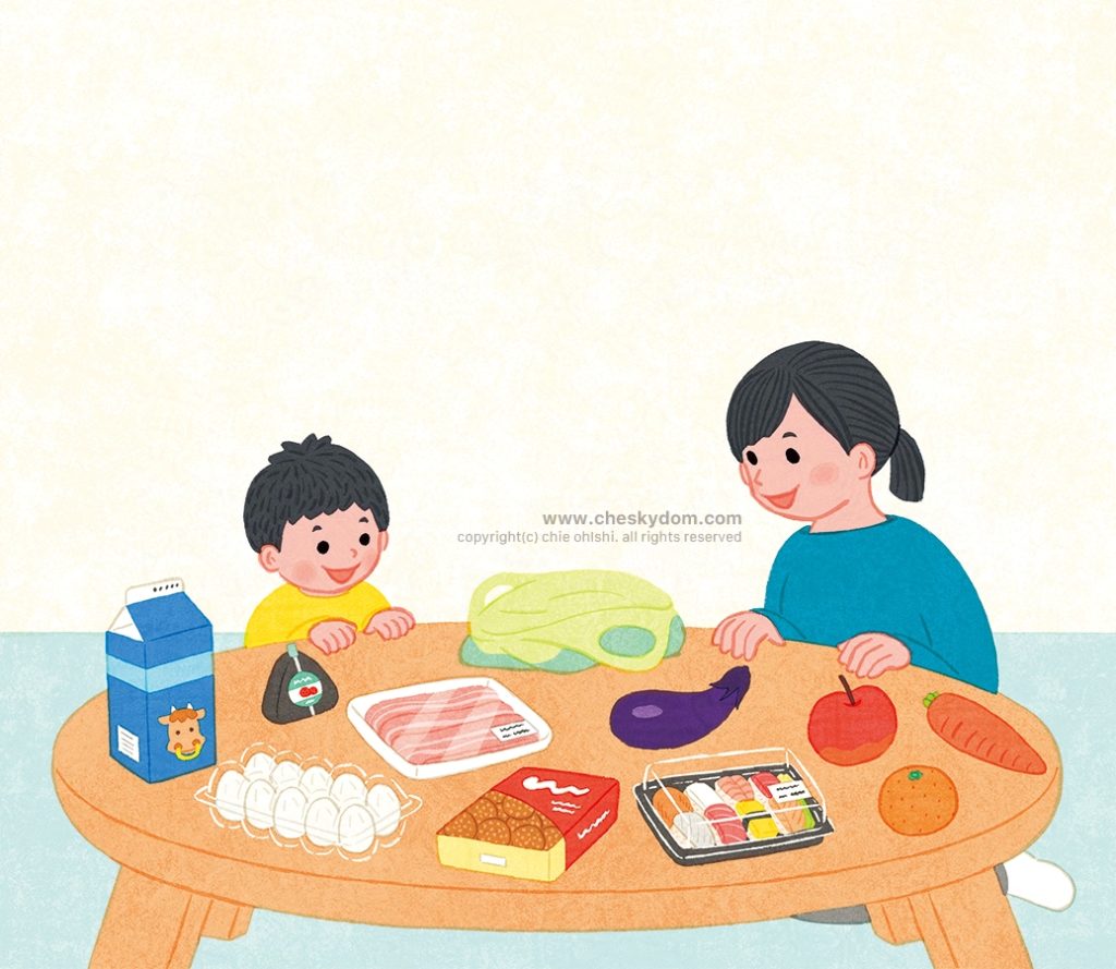 イラスト 親子 子ども 家 買い物 食料品 スーパー